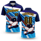 Custom Navy Brown Blue-Yellow Bowling Ball And Pins Strike Performance Polo Shirt