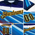 Custom Navy Brown Blue-Yellow Bowling Ball And Pins Strike Performance Polo Shirt detail