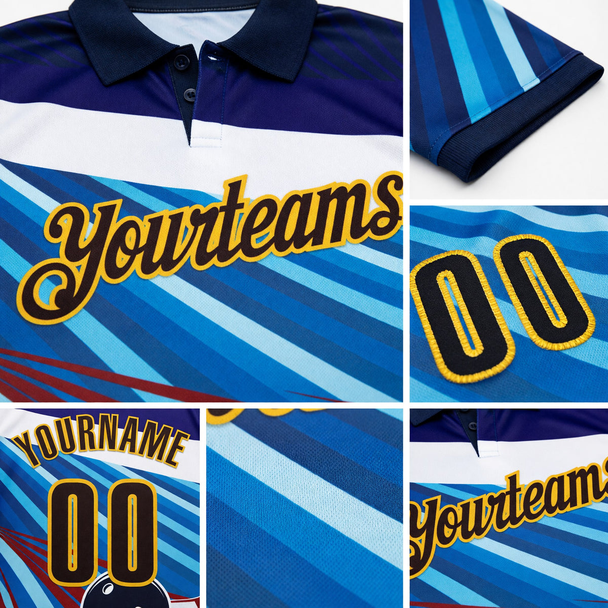 Custom Navy Brown Blue-Yellow Bowling Ball And Pins Strike Performance Polo Shirt detail