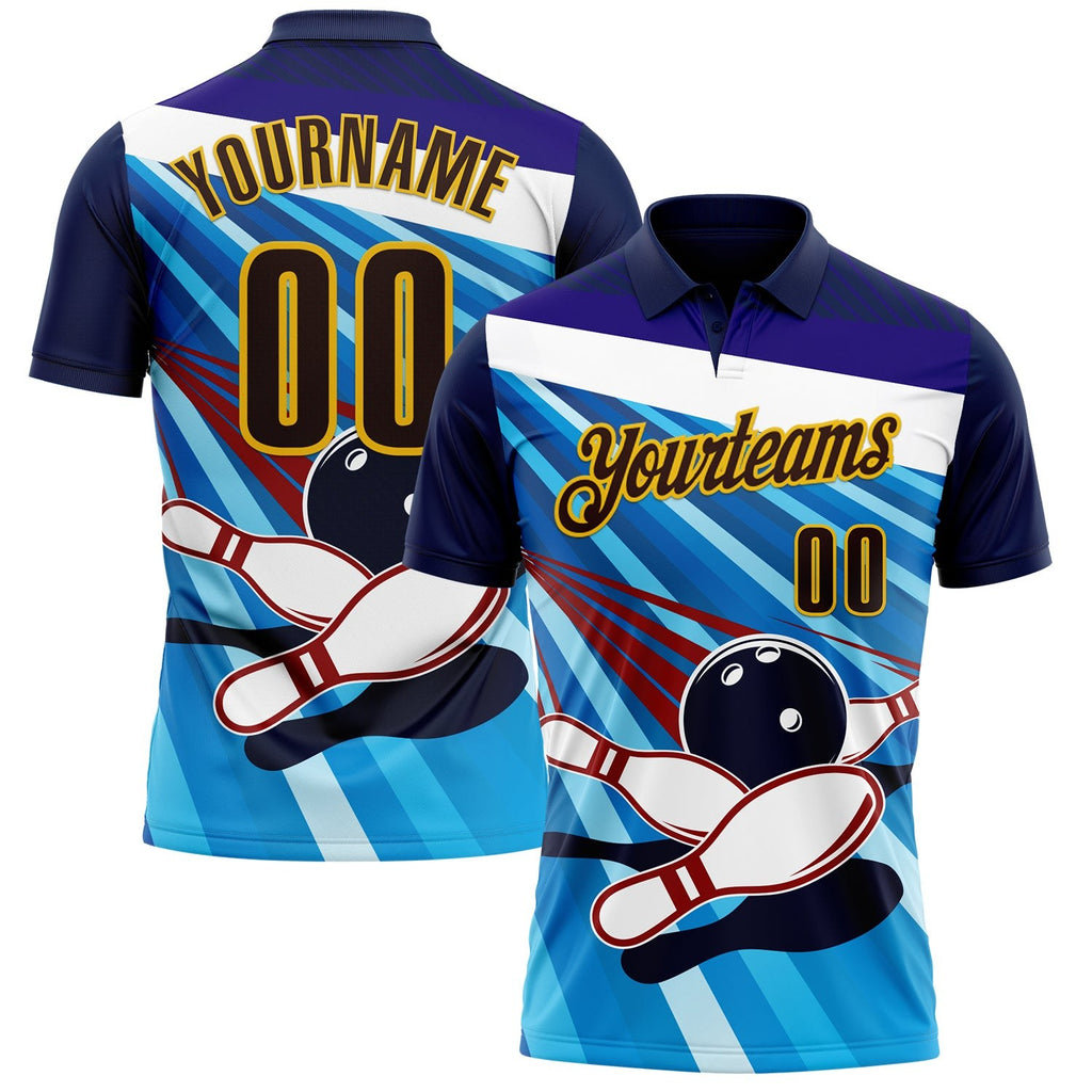 Custom Navy Brown Blue-Yellow Bowling Ball And Pins Strike Performance Polo Shirt photo 1