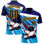 Custom Navy Brown Blue-Yellow Bowling Ball And Pins Strike Performance Polo Shirt photo 1