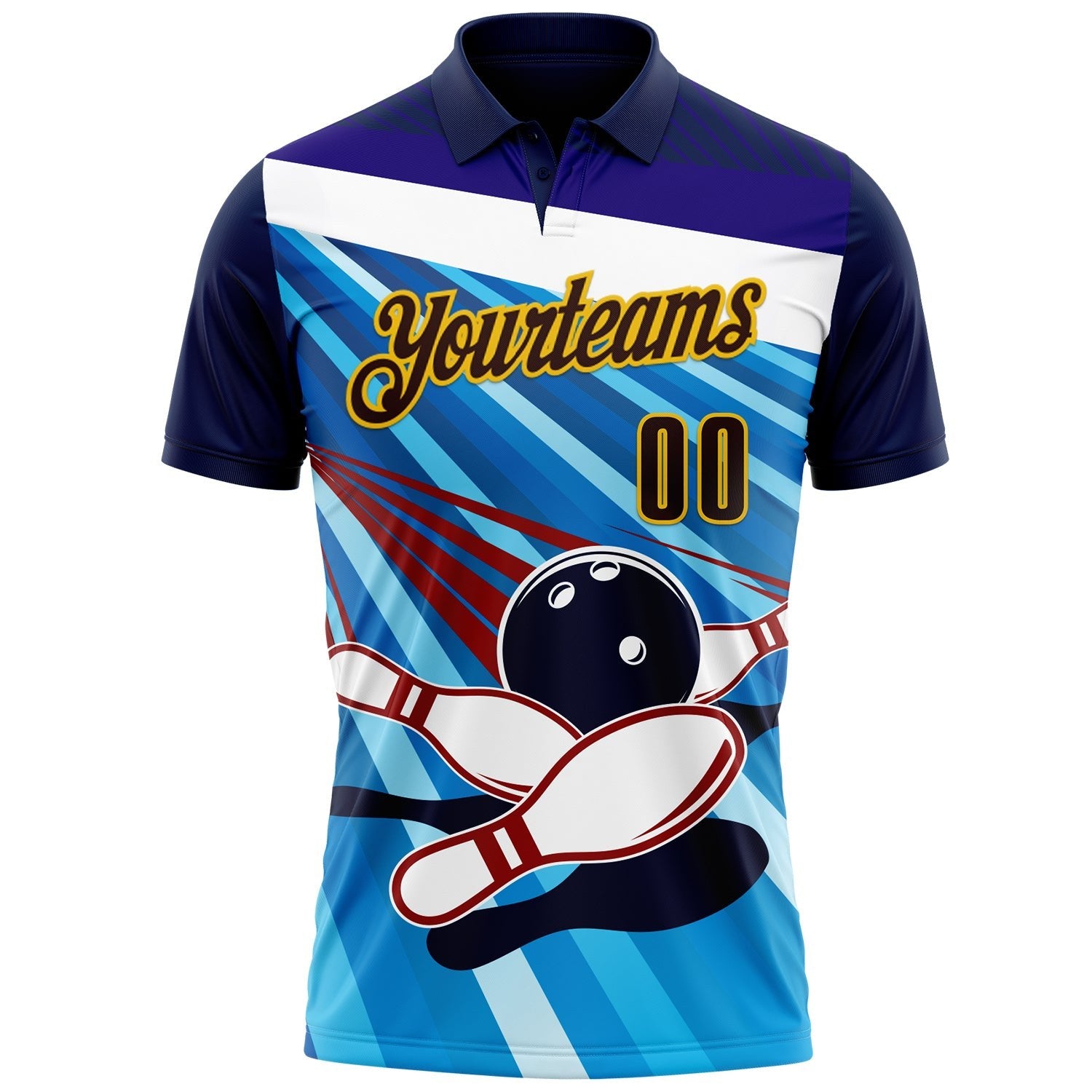Custom Navy Brown Blue-Yellow Bowling Ball And Pins Strike Performance Polo Shirt photo 2