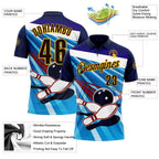 Custom Navy Brown Blue-Yellow Bowling Ball And Pins Strike Performance Polo Shirt photo 3