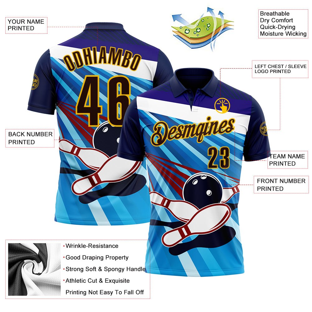 Custom Navy Brown Blue-Yellow Bowling Ball And Pins Strike Performance Polo Shirt photo 3