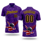 Custom Purple Brown-Yellow Bowling Ball And Pins Strike Performance Polo Shirt