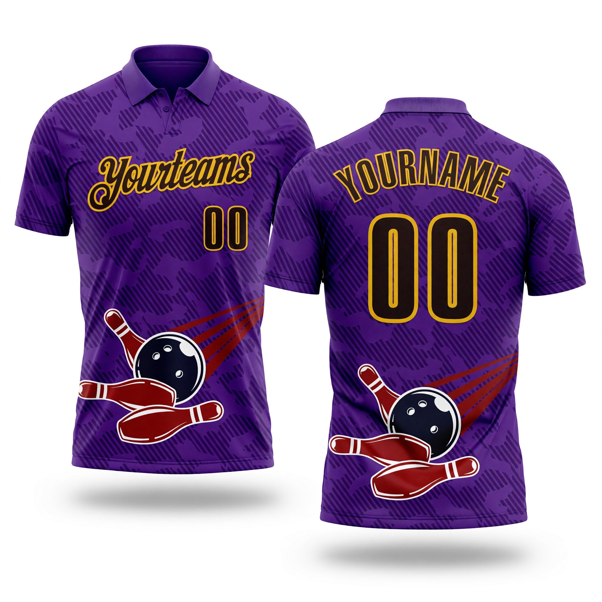 Custom Purple Brown-Yellow Bowling Ball And Pins Strike Performance Polo Shirt