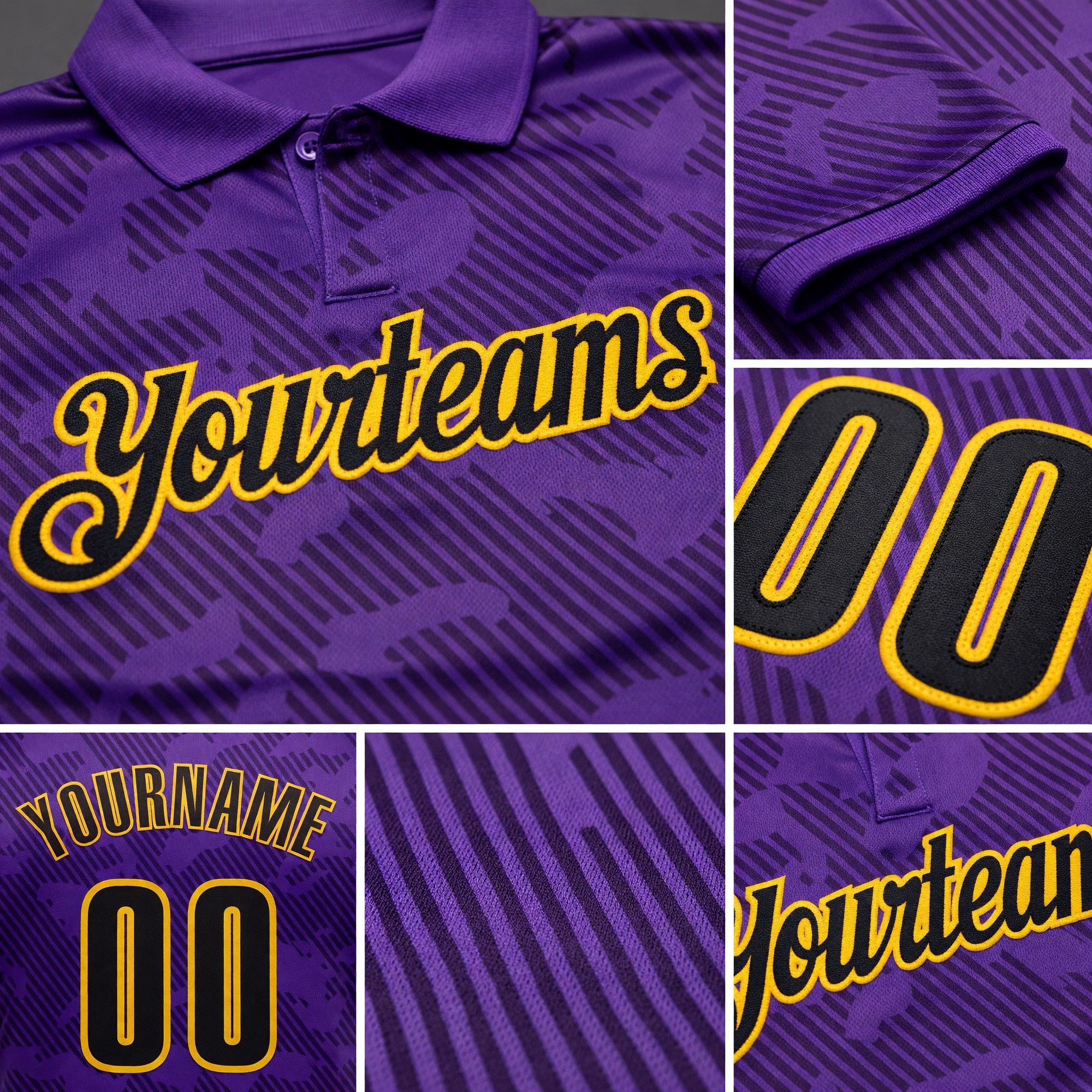 Custom Purple Brown-Yellow Bowling Ball And Pins Strike Performance Polo Shirt detail