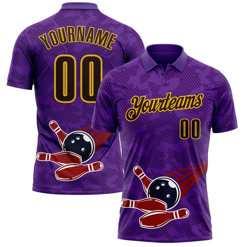 Custom Purple Brown-Yellow Bowling Ball And Pins Strike Performance Polo Shirt photo 1