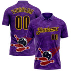 Custom Purple Brown-Yellow Bowling Ball And Pins Strike Performance Polo Shirt photo 1