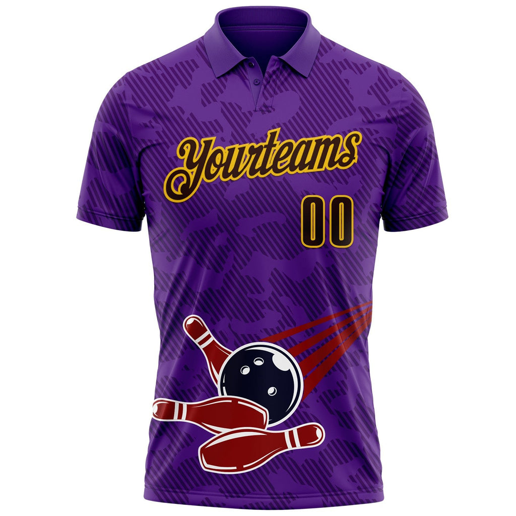 Custom Purple Brown-Yellow Bowling Ball And Pins Strike Performance Polo Shirt photo 2