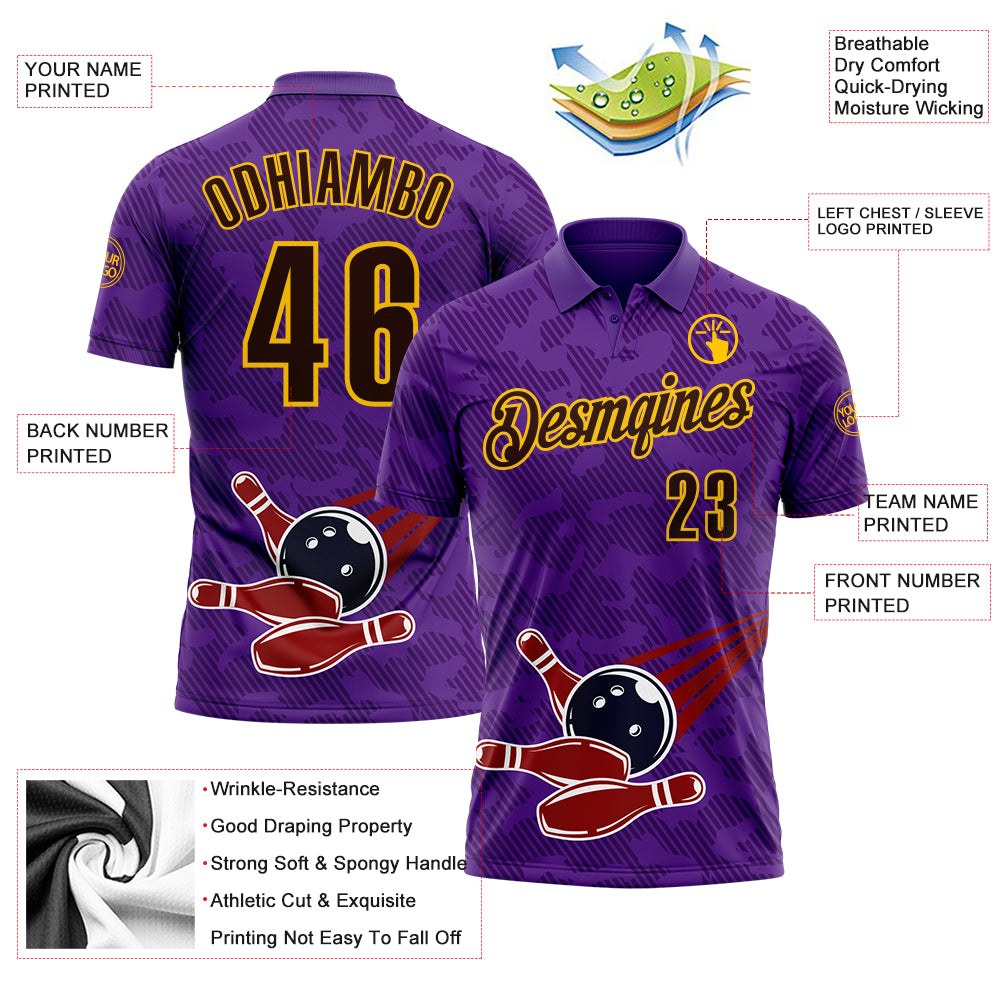 Custom Purple Brown-Yellow Bowling Ball And Pins Strike Performance Polo Shirt photo 3