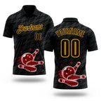 Custom Black Brown-Yellow Bowling Ball And Pins Strike Performance Polo Shirt