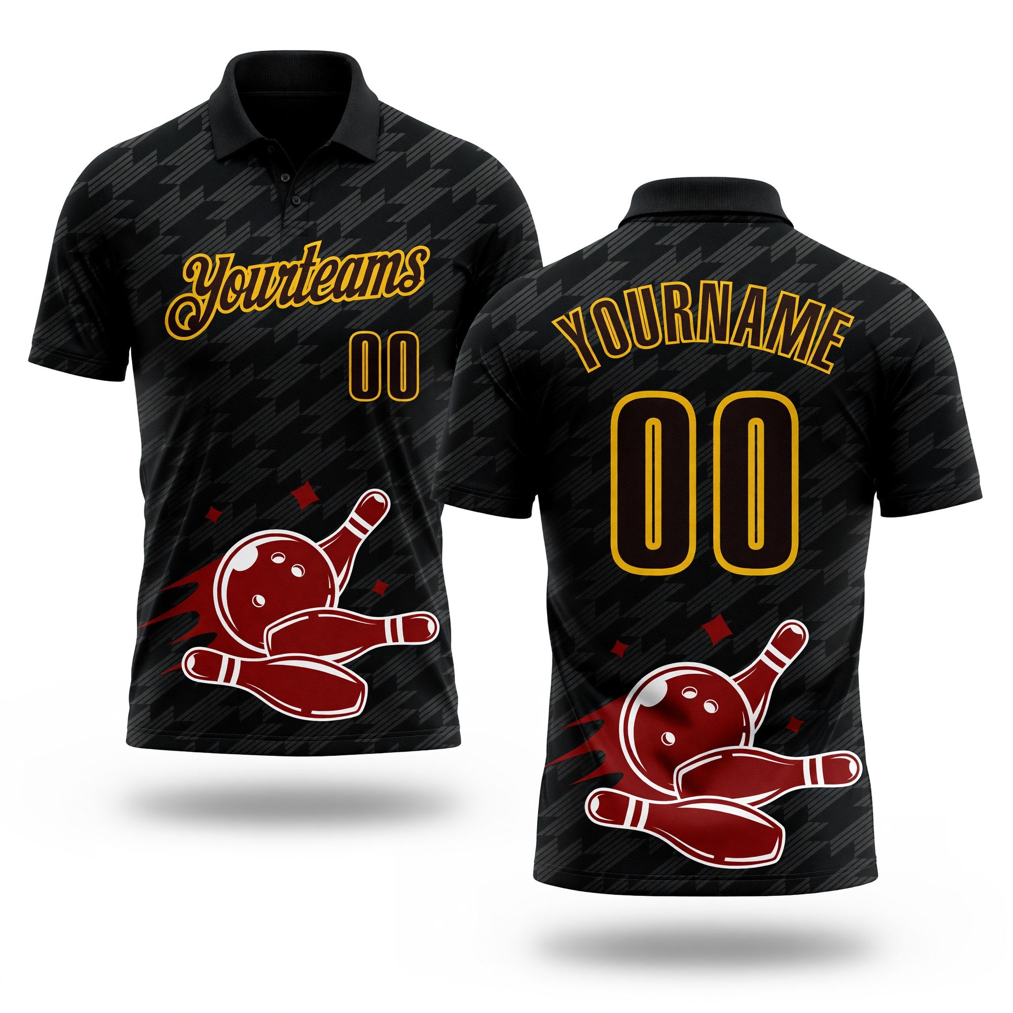 Custom Black Brown-Yellow Bowling Ball And Pins Strike Performance Polo Shirt