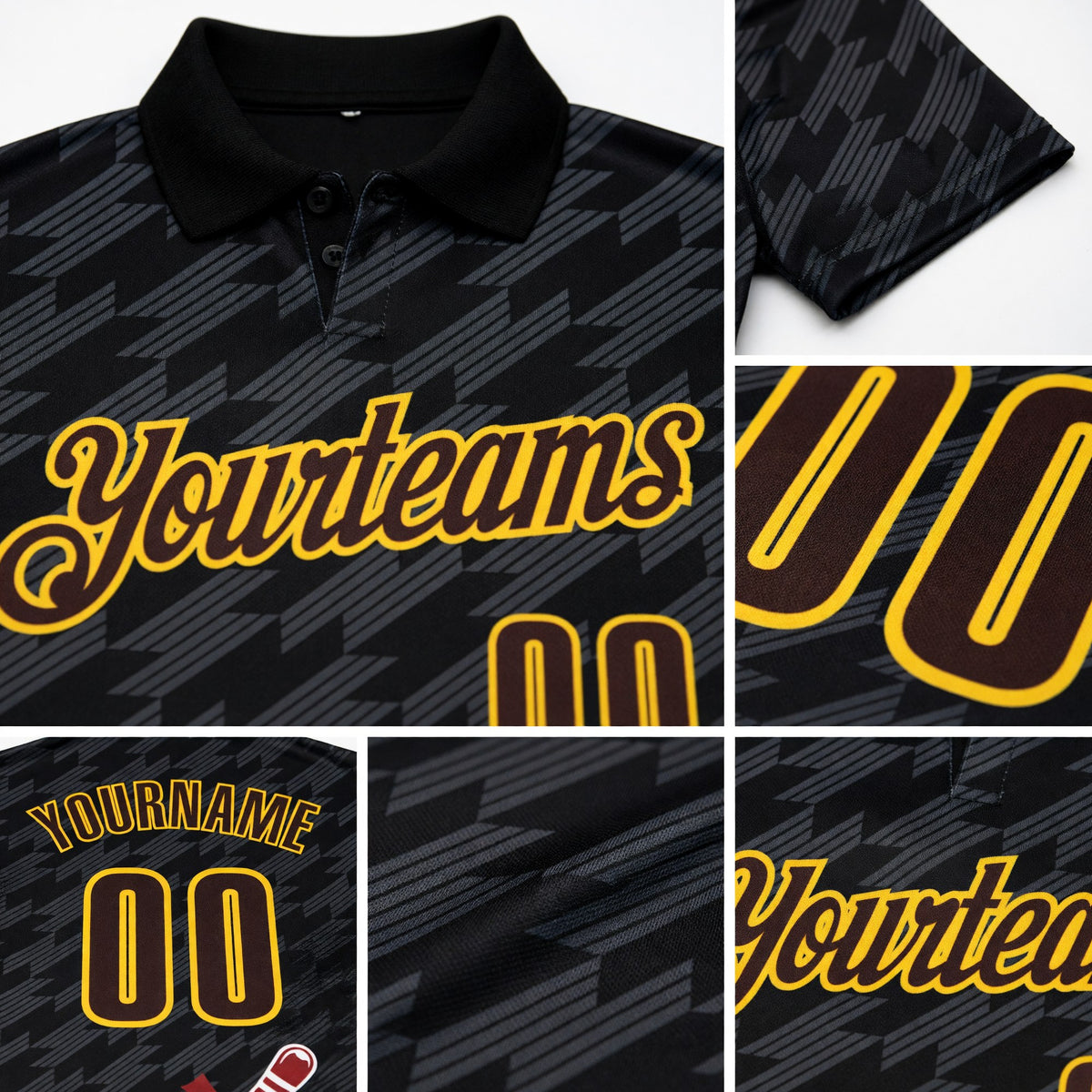 Custom Black Brown-Yellow Bowling Ball And Pins Strike Performance Polo Shirt detail