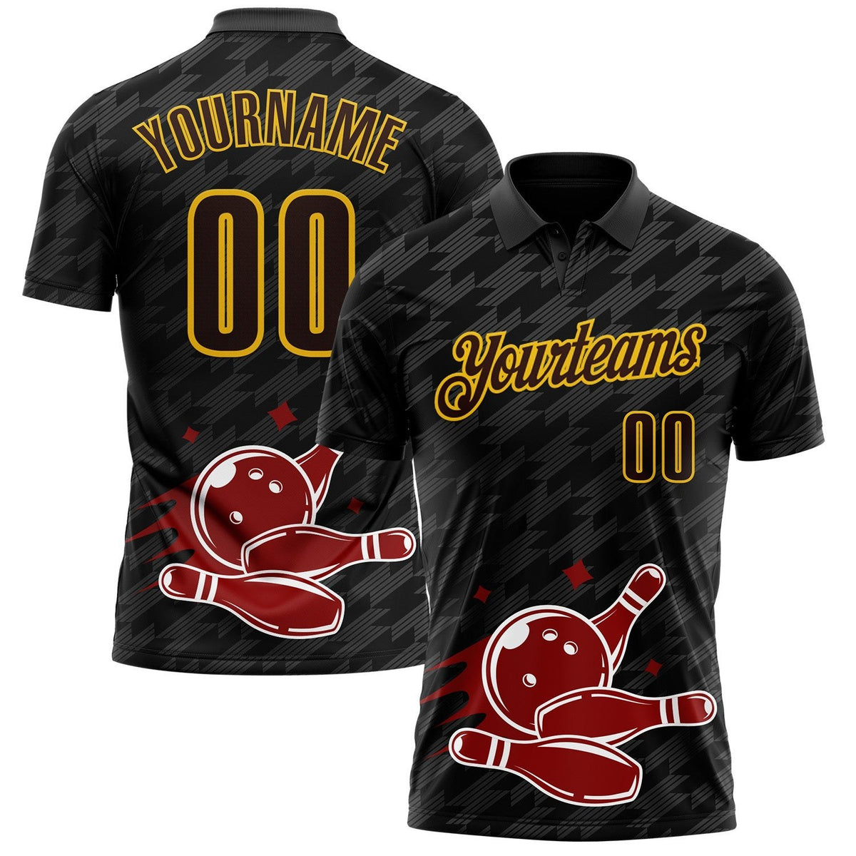 Custom Black Brown-Yellow Bowling Ball And Pins Strike Performance Polo Shirt photo 1
