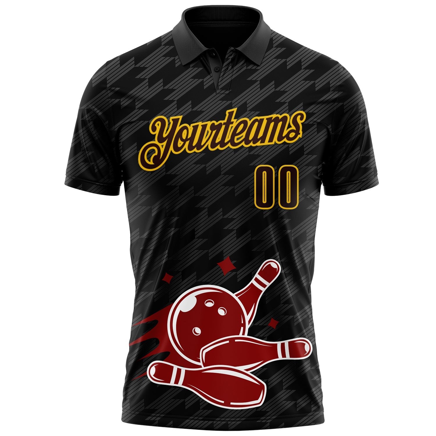 Custom Black Brown-Yellow Bowling Ball And Pins Strike Performance Polo Shirt photo 2