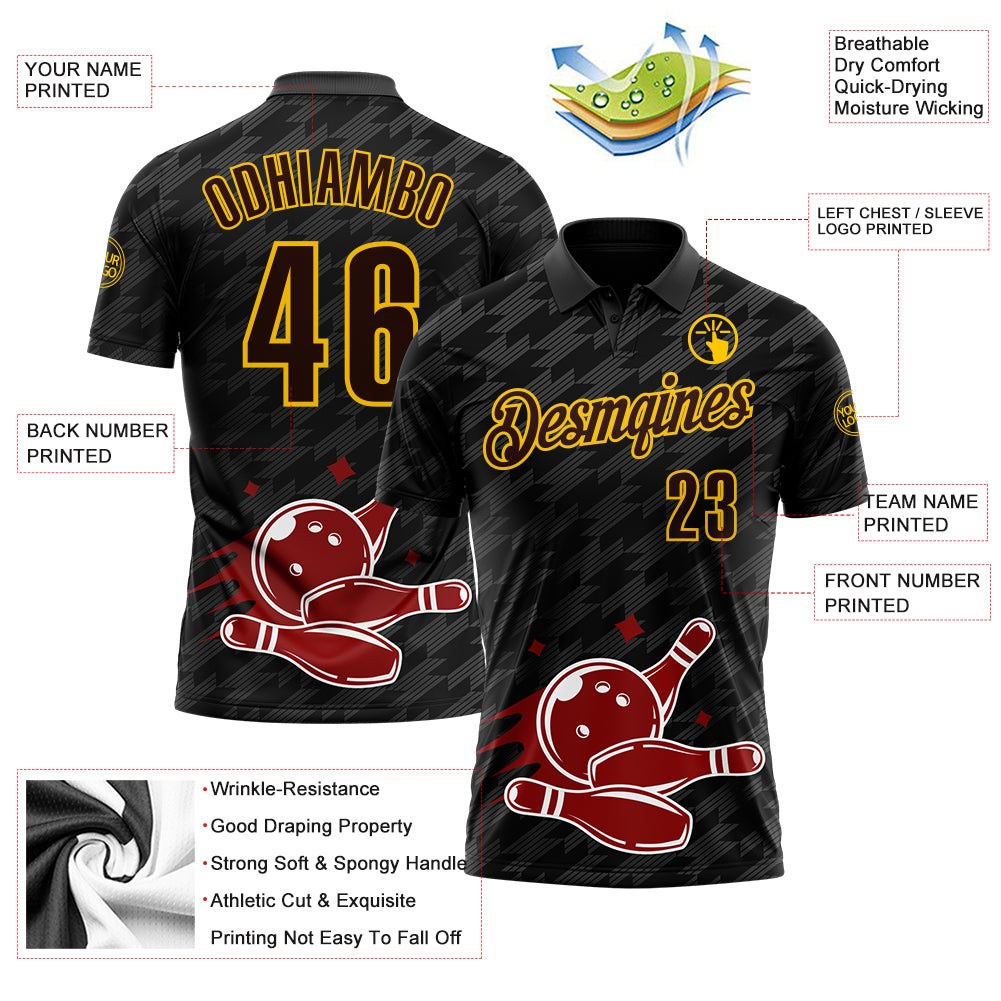 Custom Black Brown-Yellow Bowling Ball And Pins Strike Performance Polo Shirt photo 3