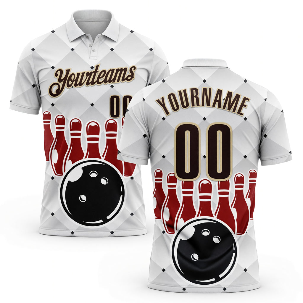 Custom White Brown-City Cream Bowling Ball And Pins Performance Polo Shirt