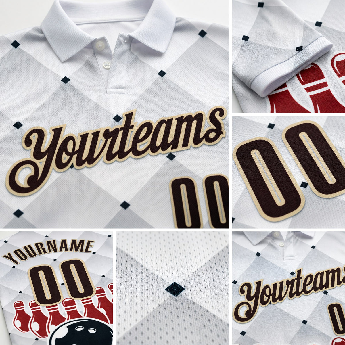 Custom White Brown-City Cream Bowling Ball And Pins Performance Polo Shirt detail
