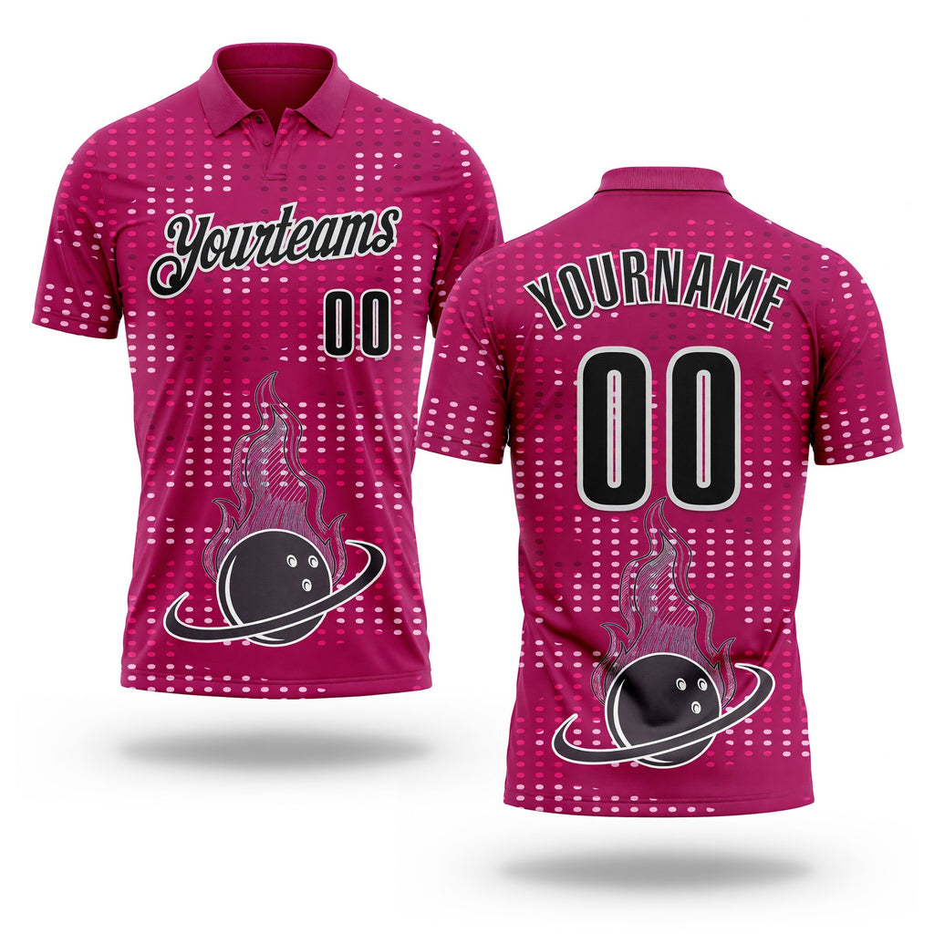 Custom Hot Pink Black-White Fire Bowling Ball Performance Polo Shirt