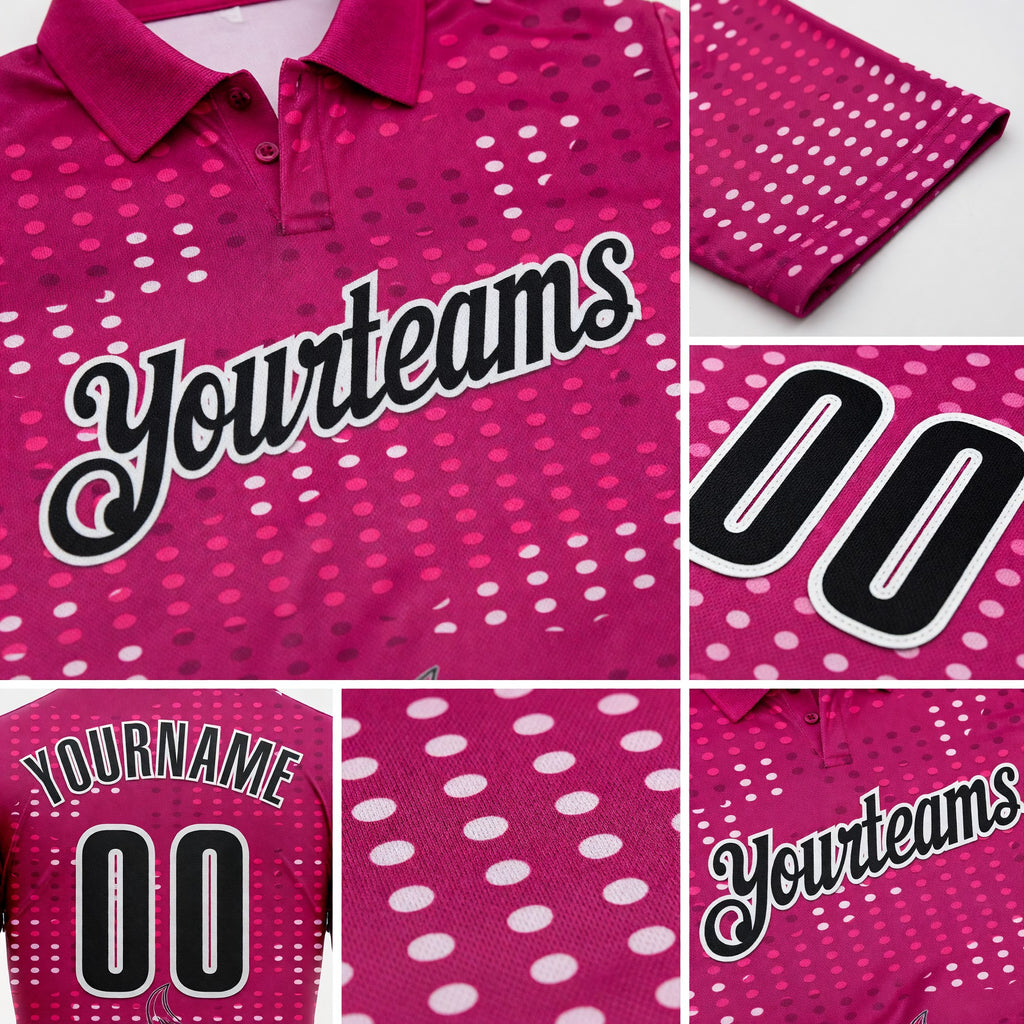 Custom Hot Pink Black-White Fire Bowling Ball Performance Polo Shirt detail