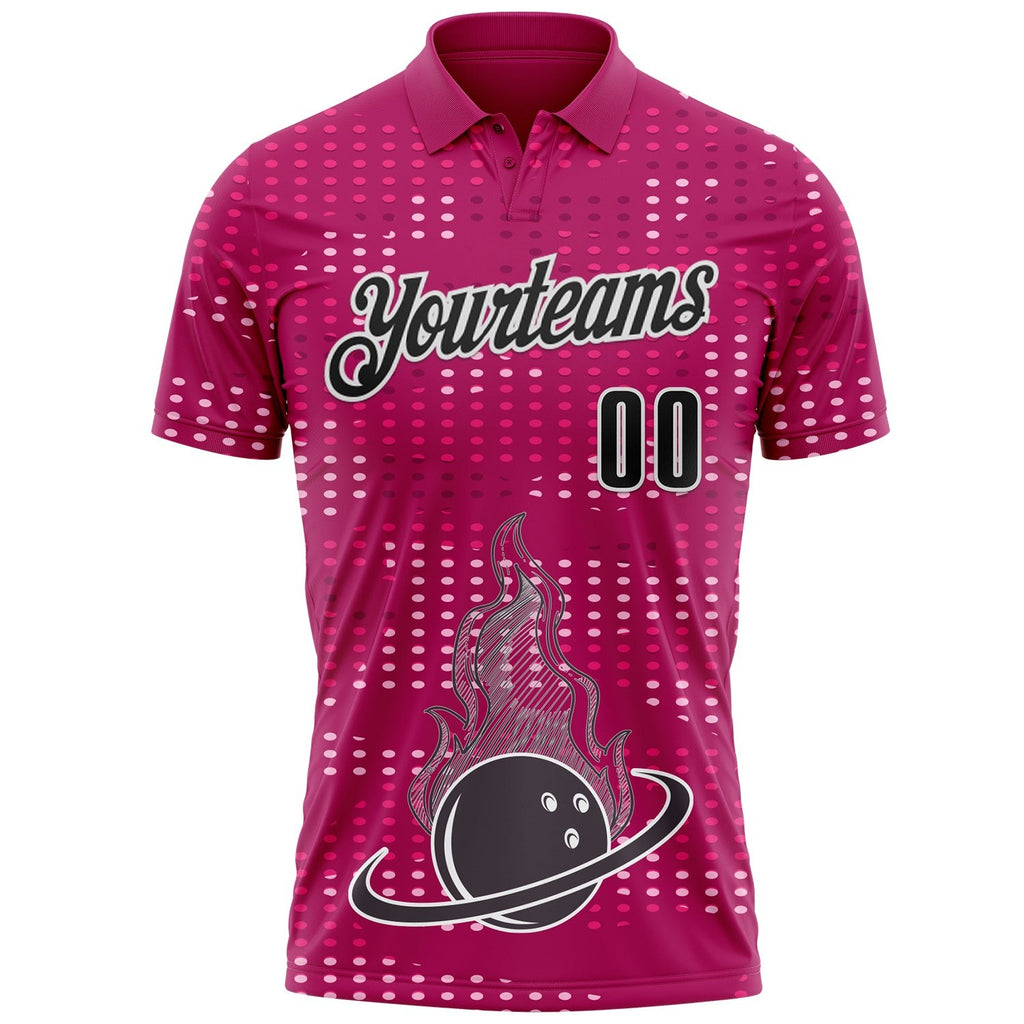 Custom Hot Pink Black-White Fire Bowling Ball Performance Polo Shirt photo 2
