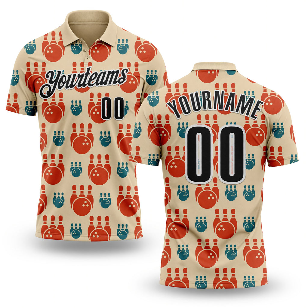 Custom City Cream Black-White Bowling Ball And Pins Performance Polo Shirt