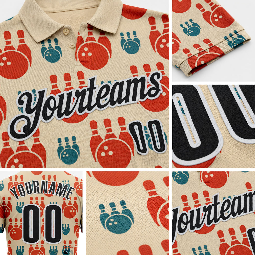 Custom City Cream Black-White Bowling Ball And Pins Performance Polo Shirt detail