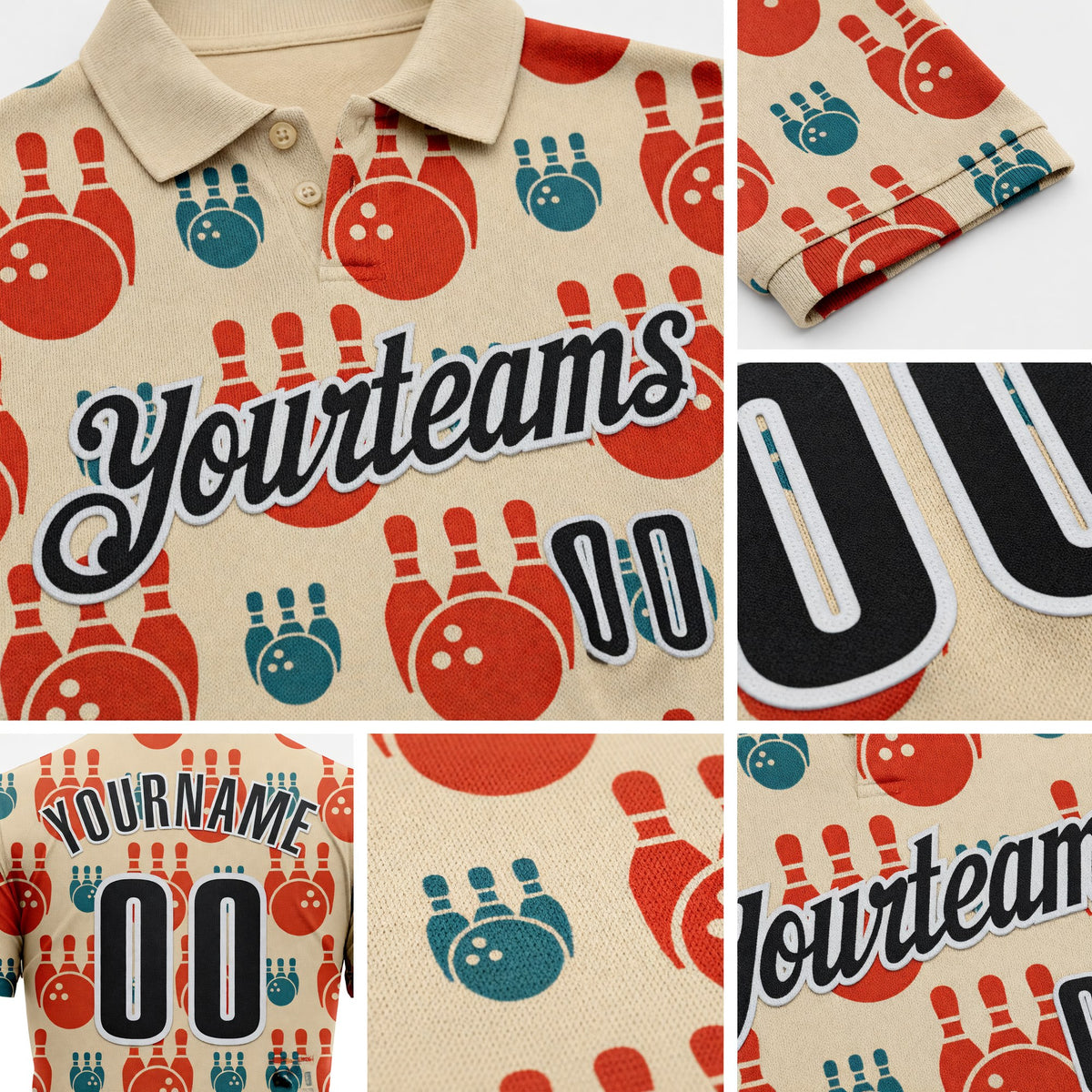 Custom City Cream Black-White Bowling Ball And Pins Performance Polo Shirt detail