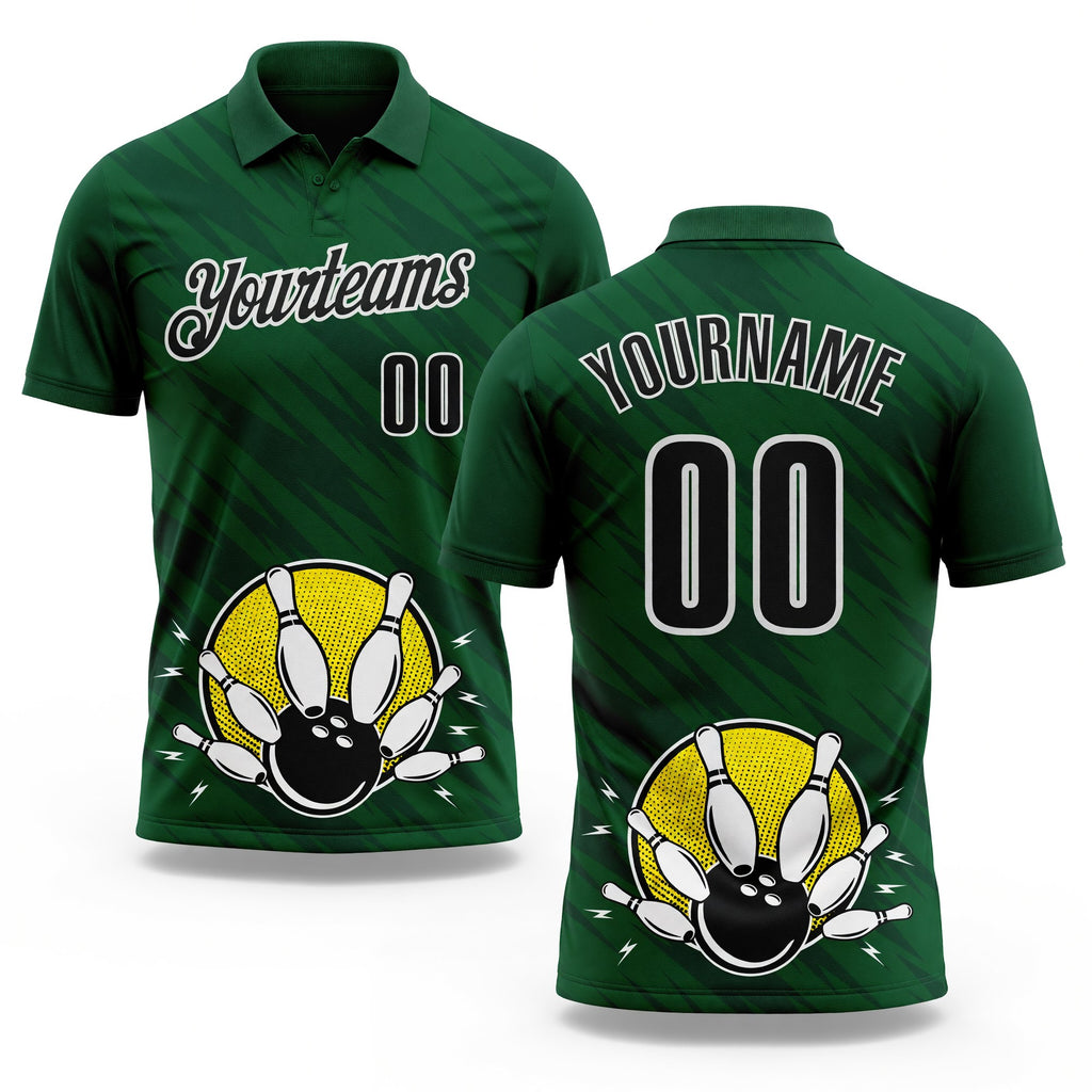 Custom Green Black-White Bowling Ball And Pins Strike Performance Polo Shirt