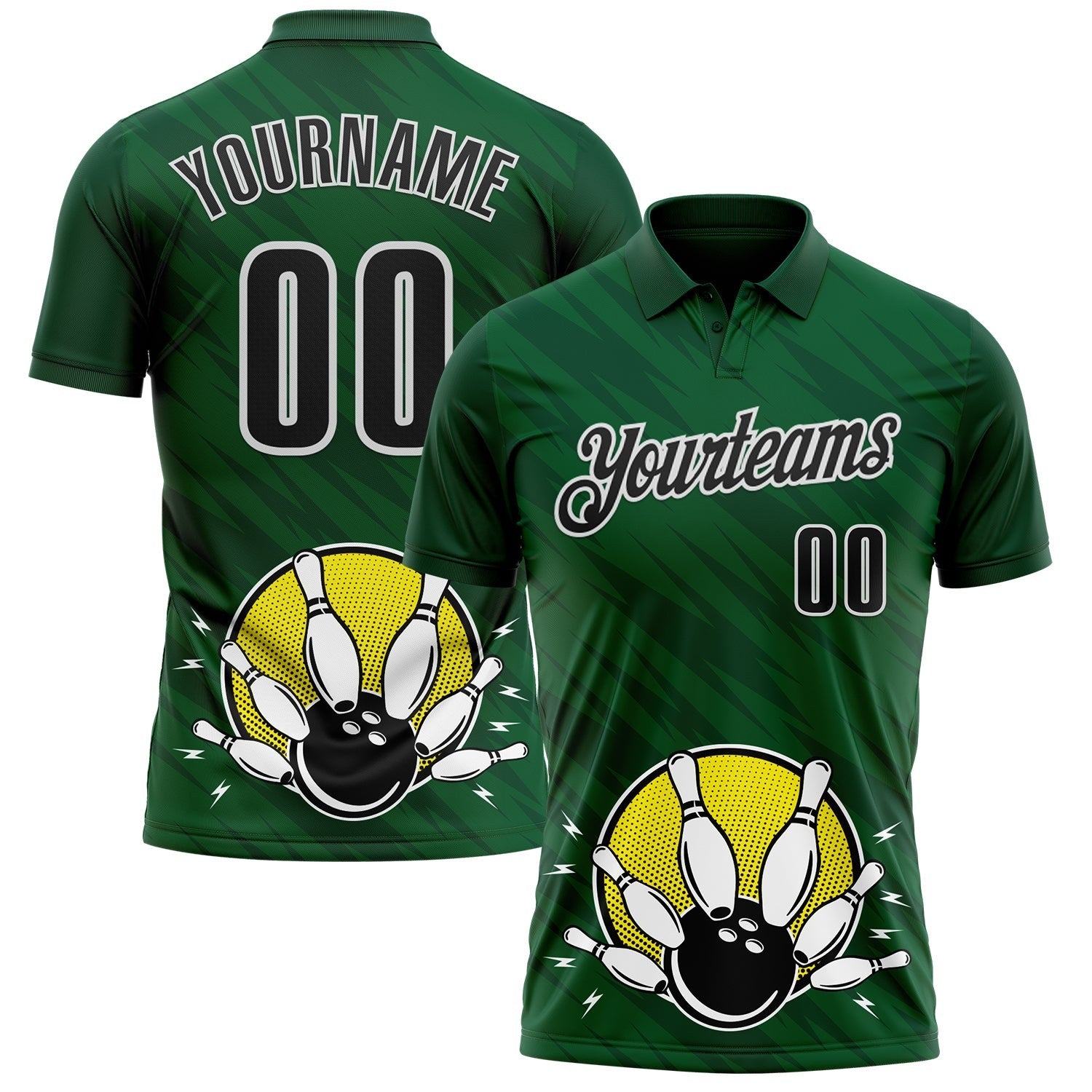 Custom Green Black-White Bowling Ball And Pins Strike Performance Polo Shirt photo 1