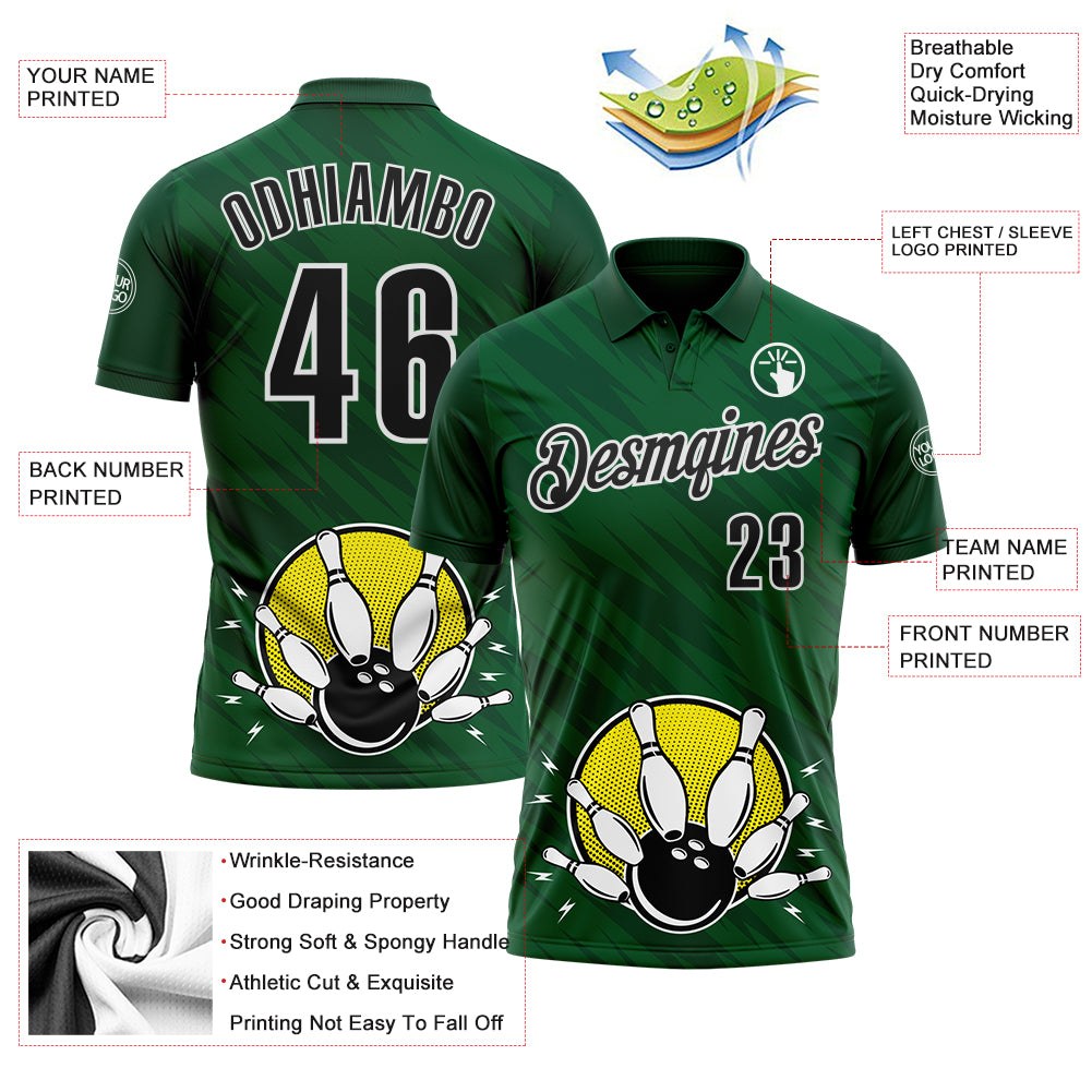Custom Green Black-White Bowling Ball And Pins Strike Performance Polo Shirt photo 3