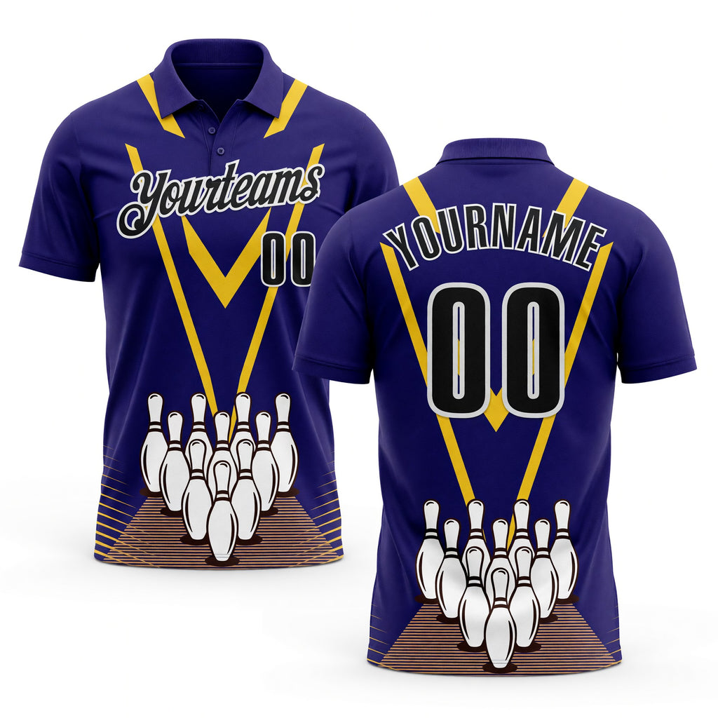 Custom Royal Black-White Bowling Pins Performance Polo Shirt