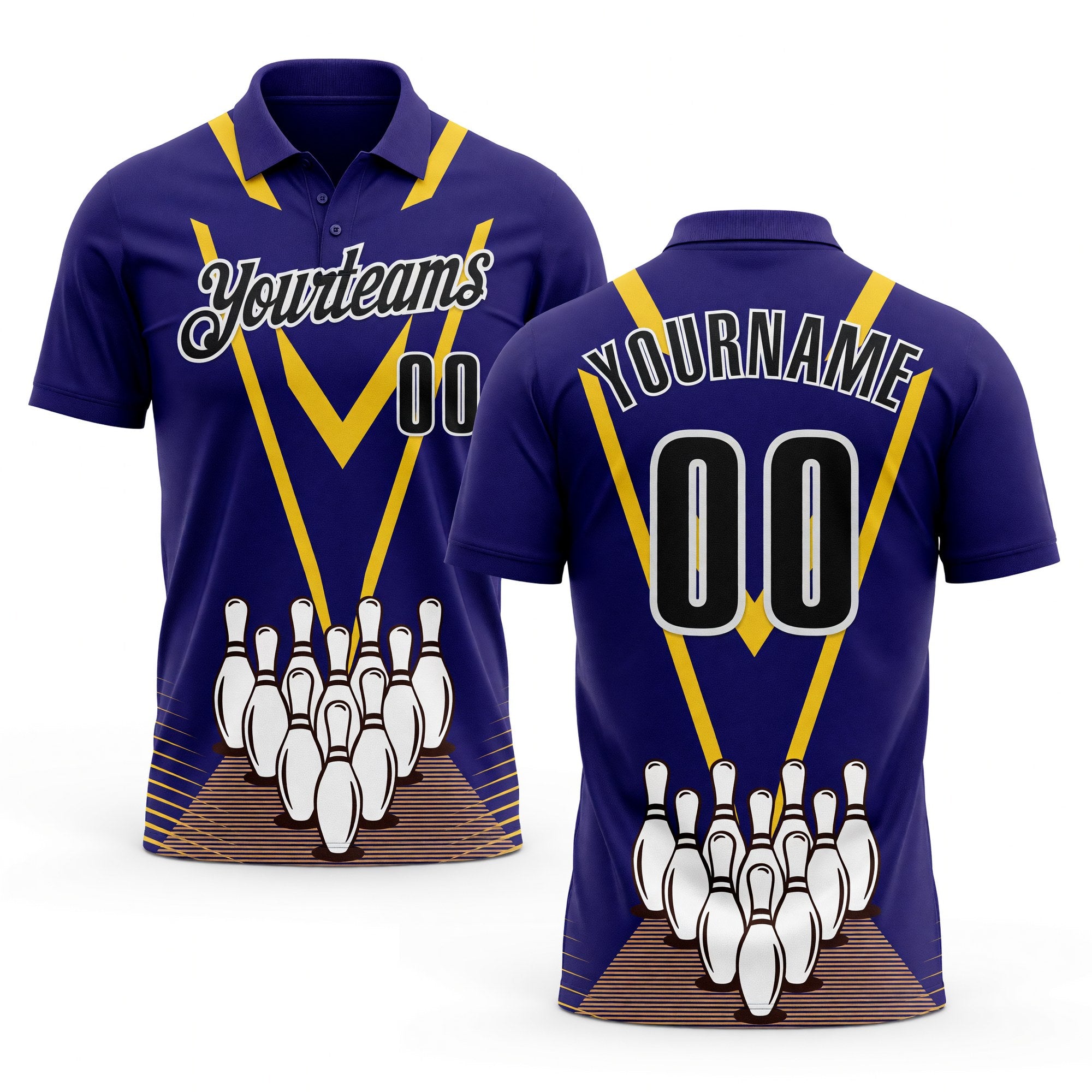 Custom Royal Black-White Bowling Pins Performance Polo Shirt
