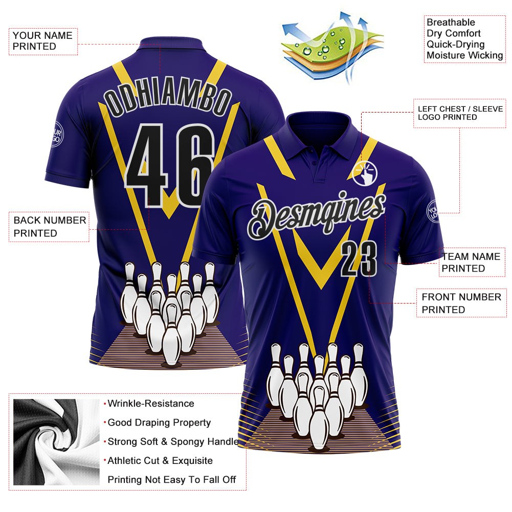 Custom Royal Black-White Bowling Pins Performance Polo Shirt photo 3