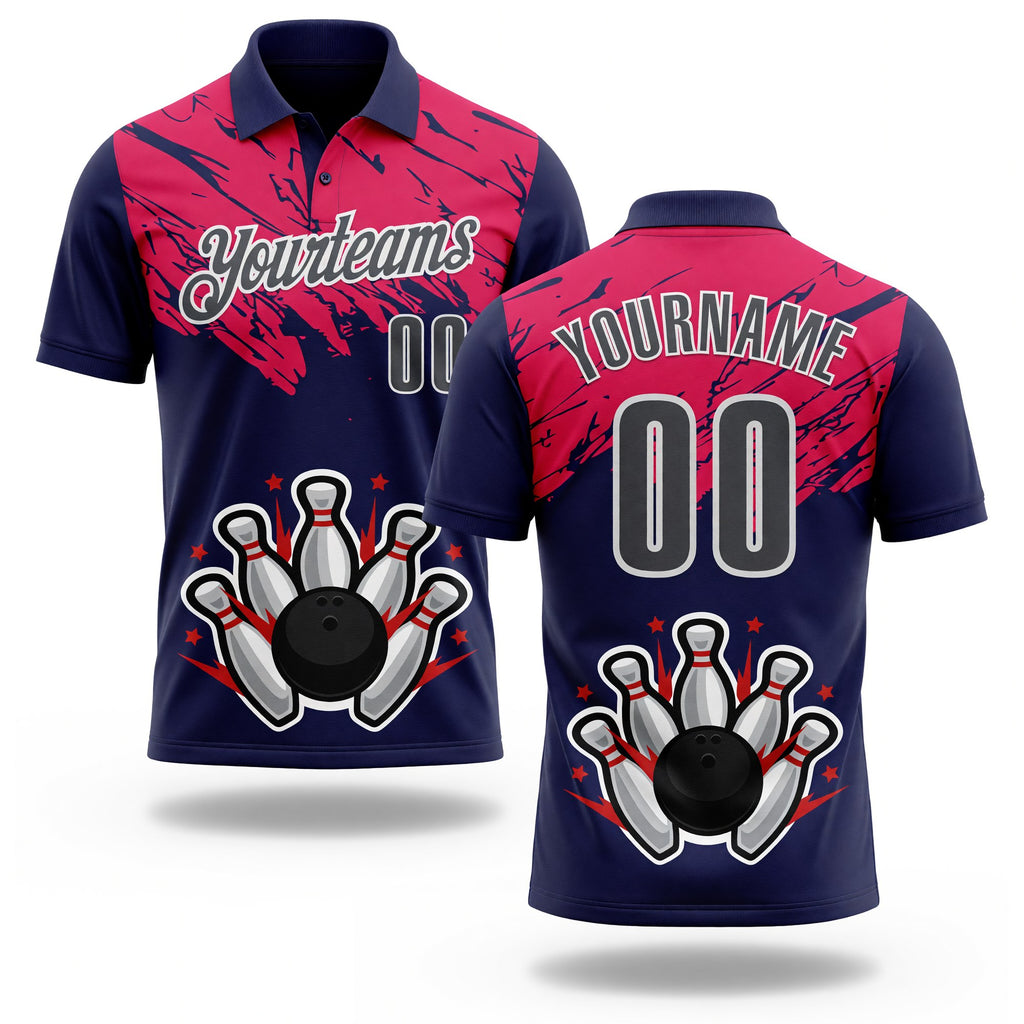 Custom Royal Steel Gray Hot Pink-White Bowling Ball And Pins Strike Performance Polo Shirt