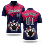 Custom Royal Steel Gray Hot Pink-White Bowling Ball And Pins Strike Performance Polo Shirt