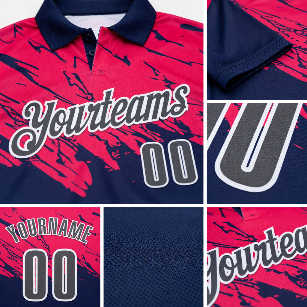 Custom Royal Steel Gray Hot Pink-White Bowling Ball And Pins Strike Performance Polo Shirt detail