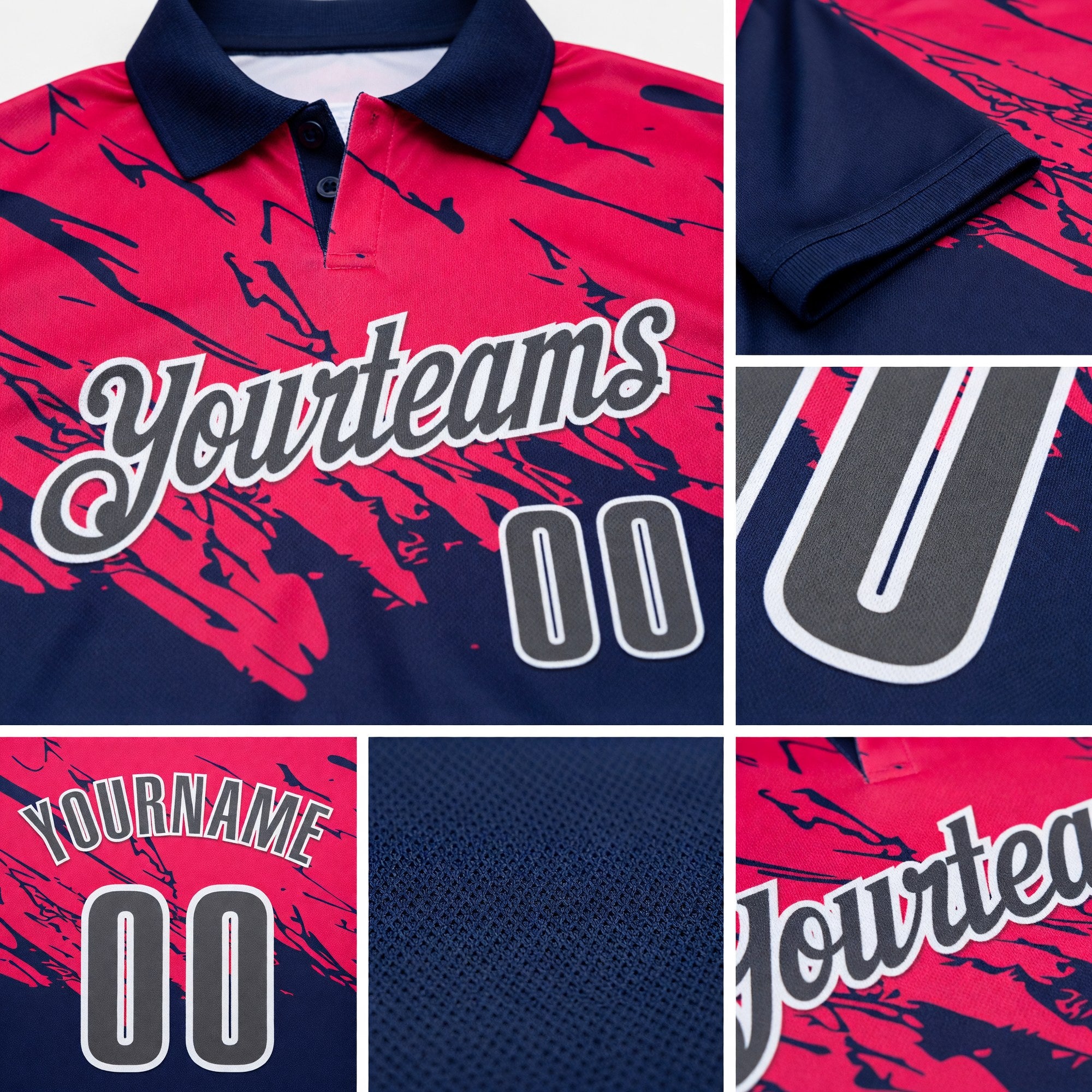 Custom Royal Steel Gray Hot Pink-White Bowling Ball And Pins Strike Performance Polo Shirt detail