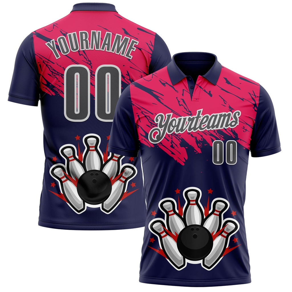 Custom Royal Steel Gray Hot Pink-White Bowling Ball And Pins Strike Performance Polo Shirt photo 1