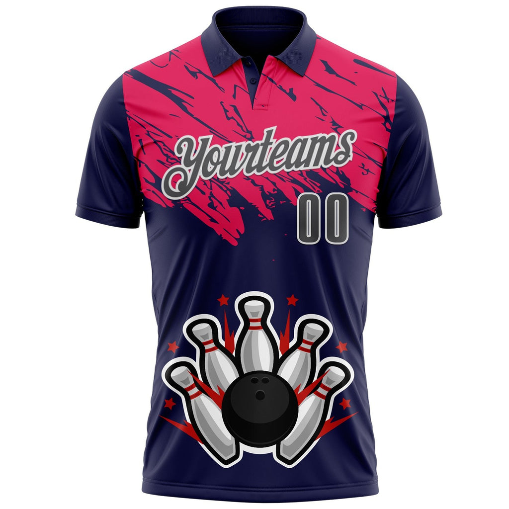 Custom Royal Steel Gray Hot Pink-White Bowling Ball And Pins Strike Performance Polo Shirt photo 2