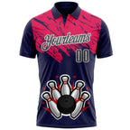 Custom Royal Steel Gray Hot Pink-White Bowling Ball And Pins Strike Performance Polo Shirt photo 2