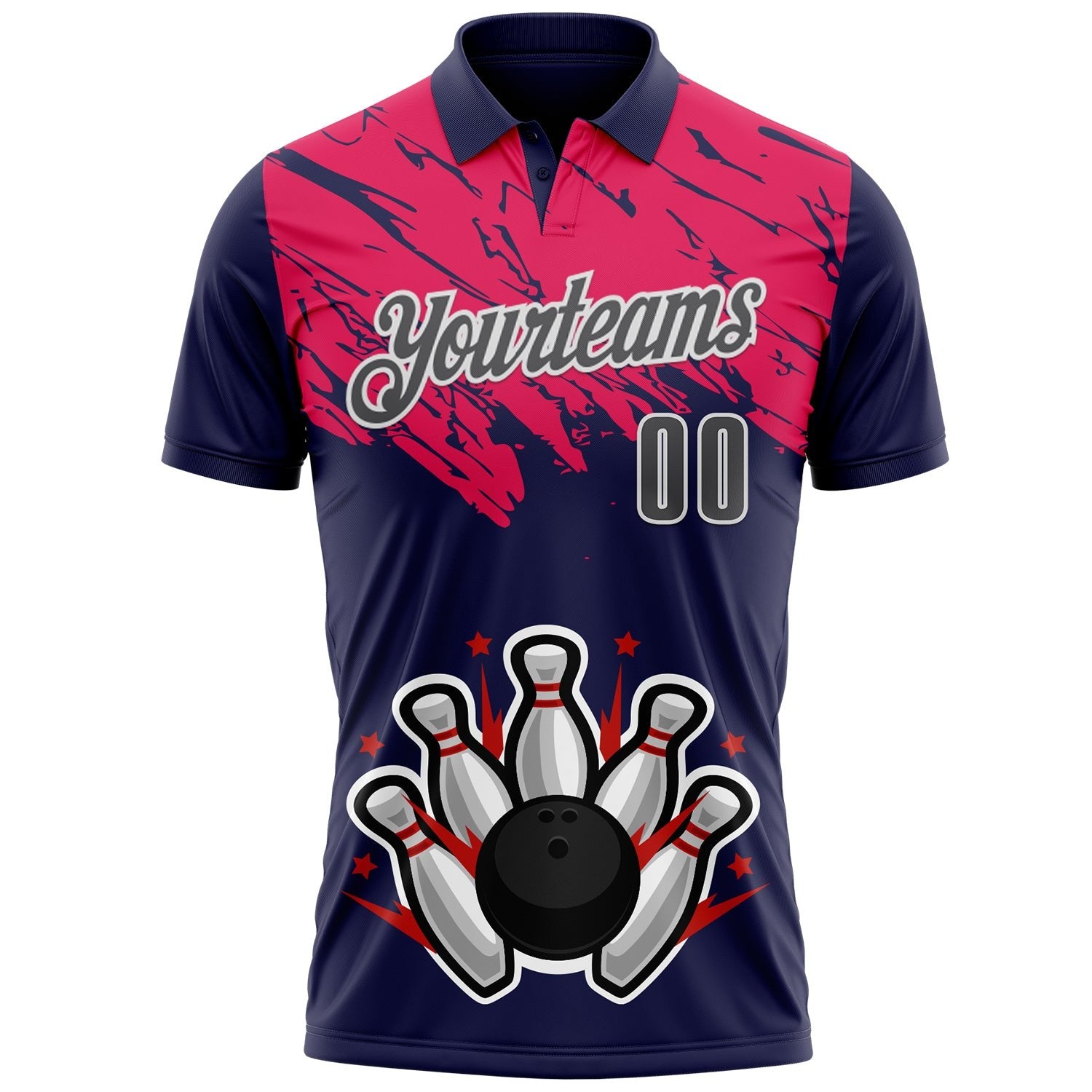 Custom Royal Steel Gray Hot Pink-White Bowling Ball And Pins Strike Performance Polo Shirt photo 2