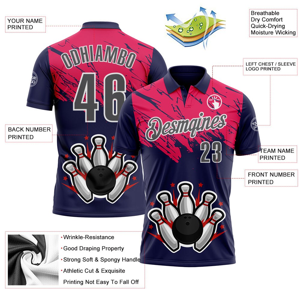 Custom Royal Steel Gray Hot Pink-White Bowling Ball And Pins Strike Performance Polo Shirt photo 3