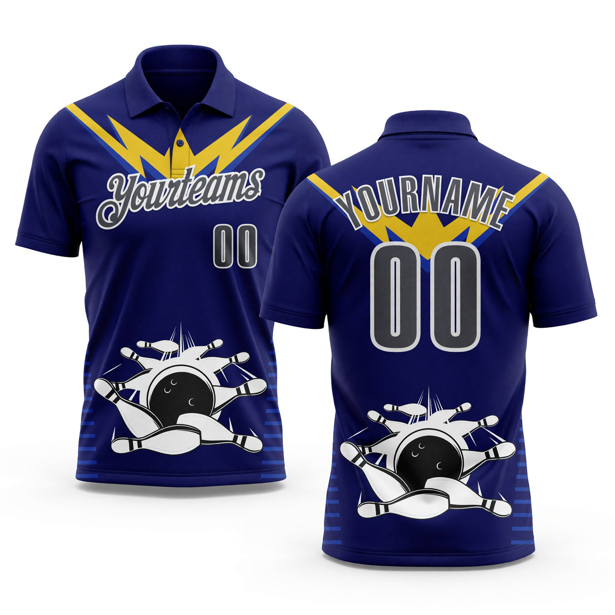 Custom Royal Steel Gray-White Bowling Ball And Pins Strike Performance Polo Shirt