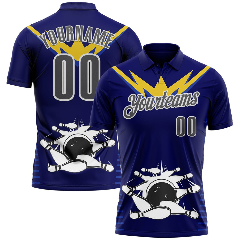 Custom Royal Steel Gray-White Bowling Ball And Pins Strike Performance Polo Shirt photo 1