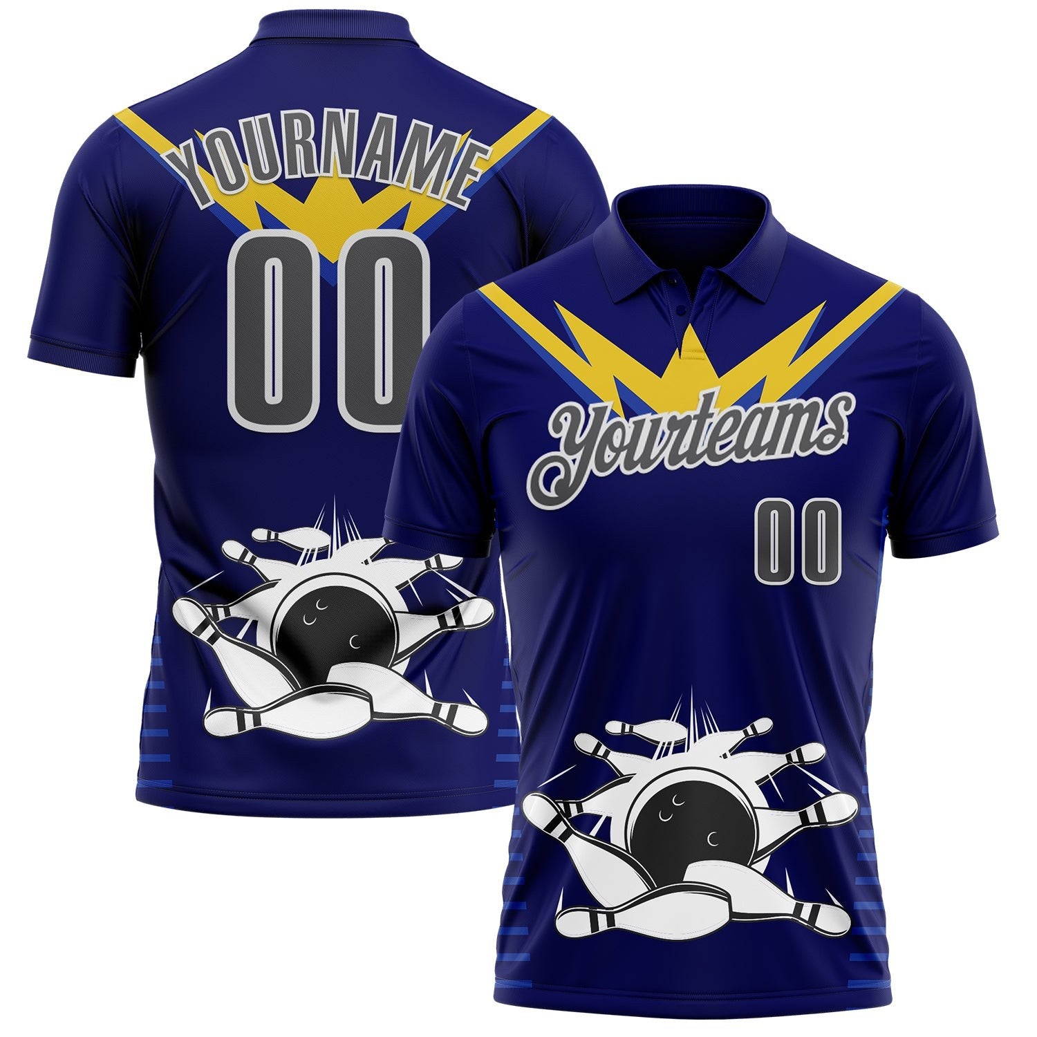 Custom Royal Steel Gray-White Bowling Ball And Pins Strike Performance Polo Shirt photo 1