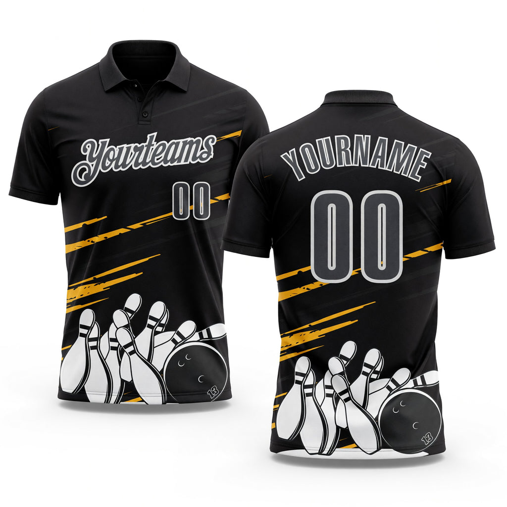 Custom Black Steel Gray-White Bowling Ball And Pins Strike Performance Polo Shirt