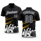 Custom Black Steel Gray-White Bowling Ball And Pins Strike Performance Polo Shirt