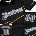 Custom Black Steel Gray-White Bowling Ball And Pins Strike Performance Polo Shirt detail